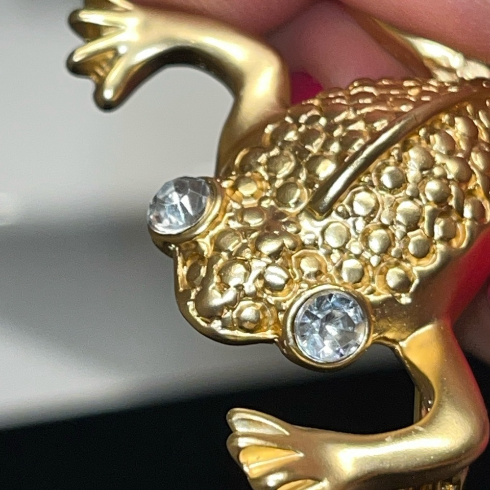 Gold Frog Brooch with Rhinestone Eyes
